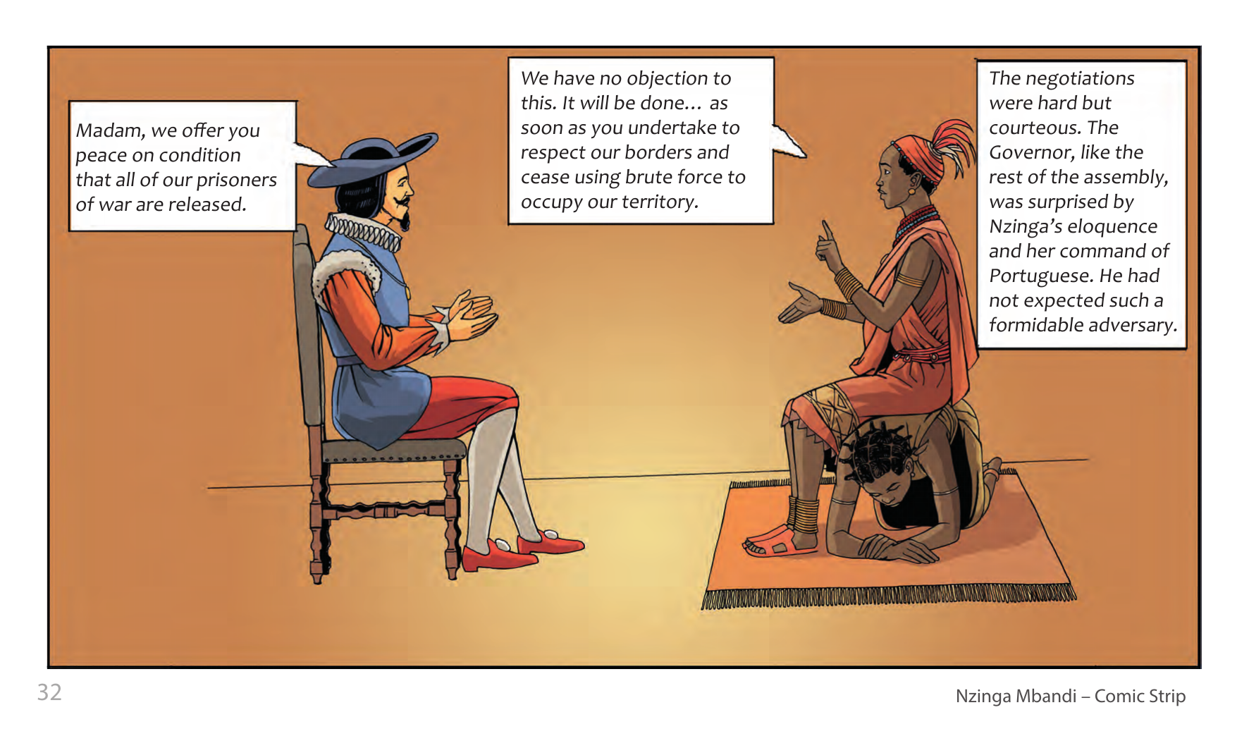 Nzinga Mbandi, Queen of Ndongo and Matamba (UNESCO Series on Women in African History, 2014), comic strip page 24. Pat Masioni (illustrations); Sylvia Serbin, Edouard Joubeaud (script). © UNESCO 2014, CC BY-SA 3.0 IGO.