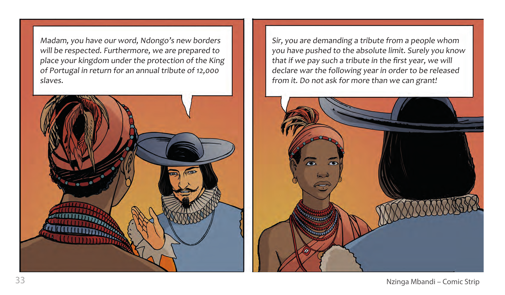 Nzinga Mbandi, Queen of Ndongo and Matamba (UNESCO Series on Women in African History, 2014), comic strip page 25. Pat Masioni (illustrations); Sylvia Serbin, Edouard Joubeaud (script). © UNESCO 2014, CC BY-SA 3.0 IGO.