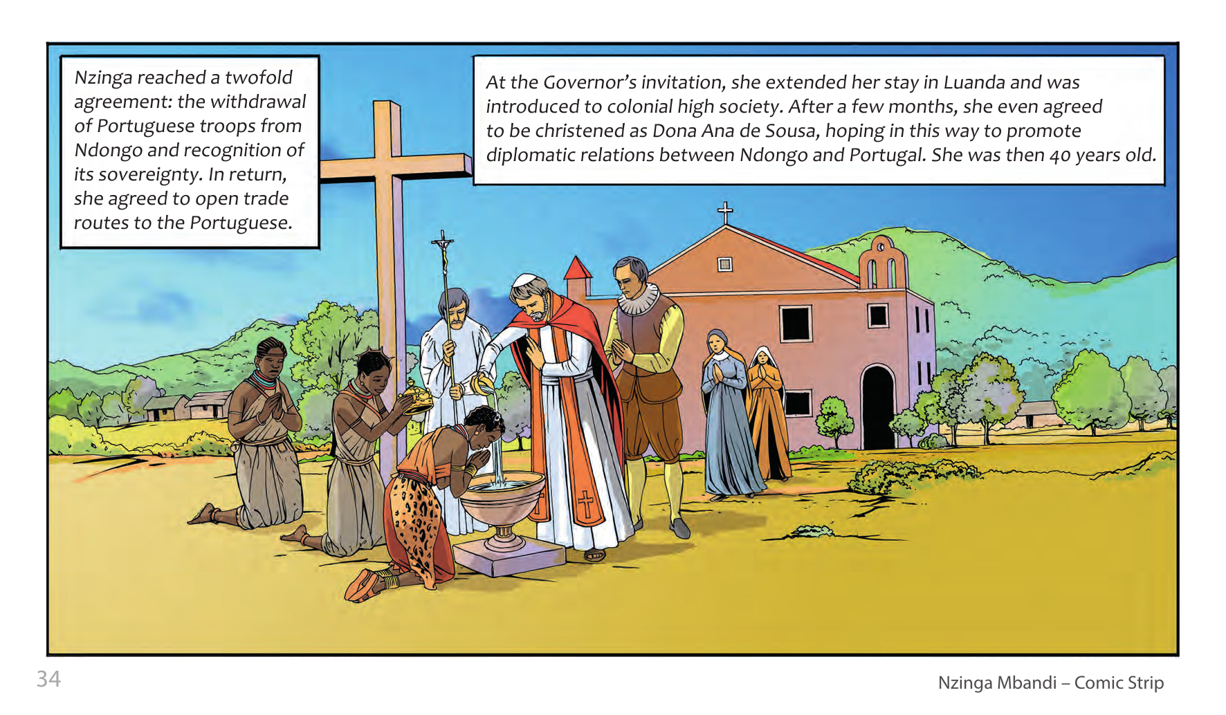 Nzinga Mbandi, Queen of Ndongo and Matamba (UNESCO Series on Women in African History, 2014), comic strip page 26. Pat Masioni (illustrations); Sylvia Serbin, Edouard Joubeaud (script). © UNESCO 2014, CC BY-SA 3.0 IGO.