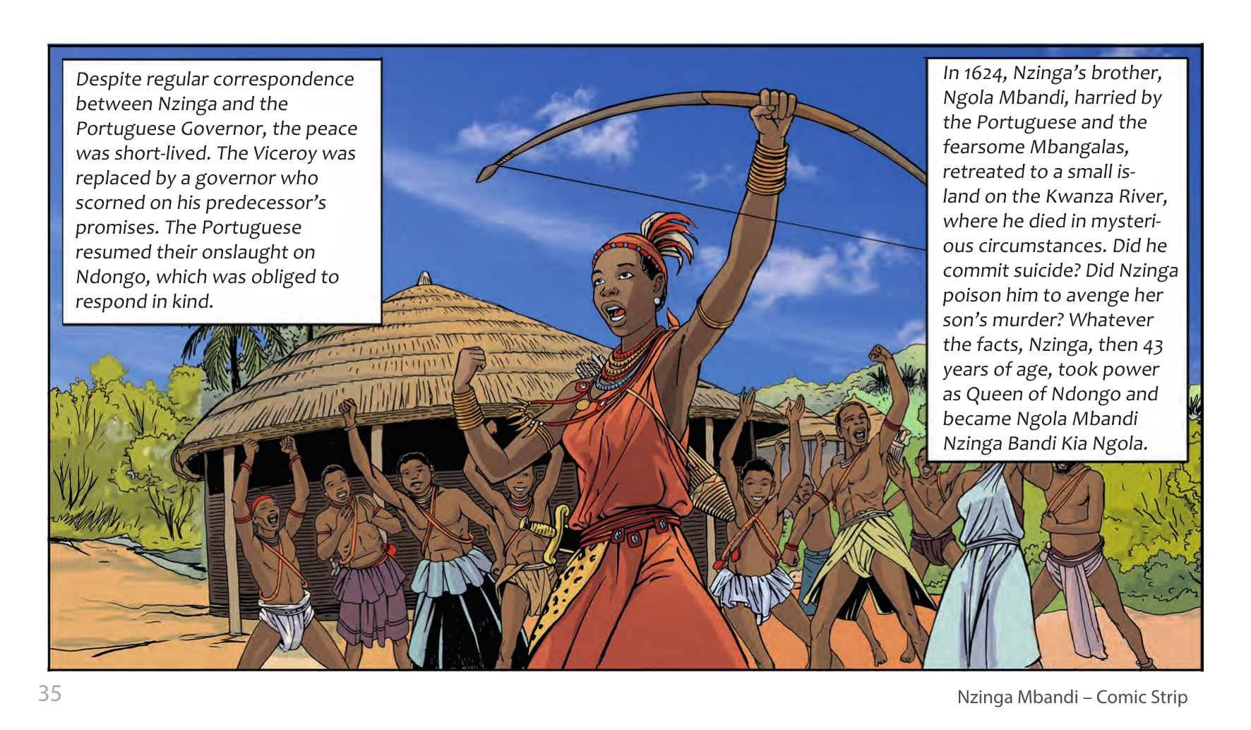Nzinga Mbandi, Queen of Ndongo and Matamba (UNESCO Series on Women in African History, 2014), comic strip page 27. Pat Masioni (illustrations); Sylvia Serbin, Edouard Joubeaud (script). © UNESCO 2014, CC BY-SA 3.0 IGO.