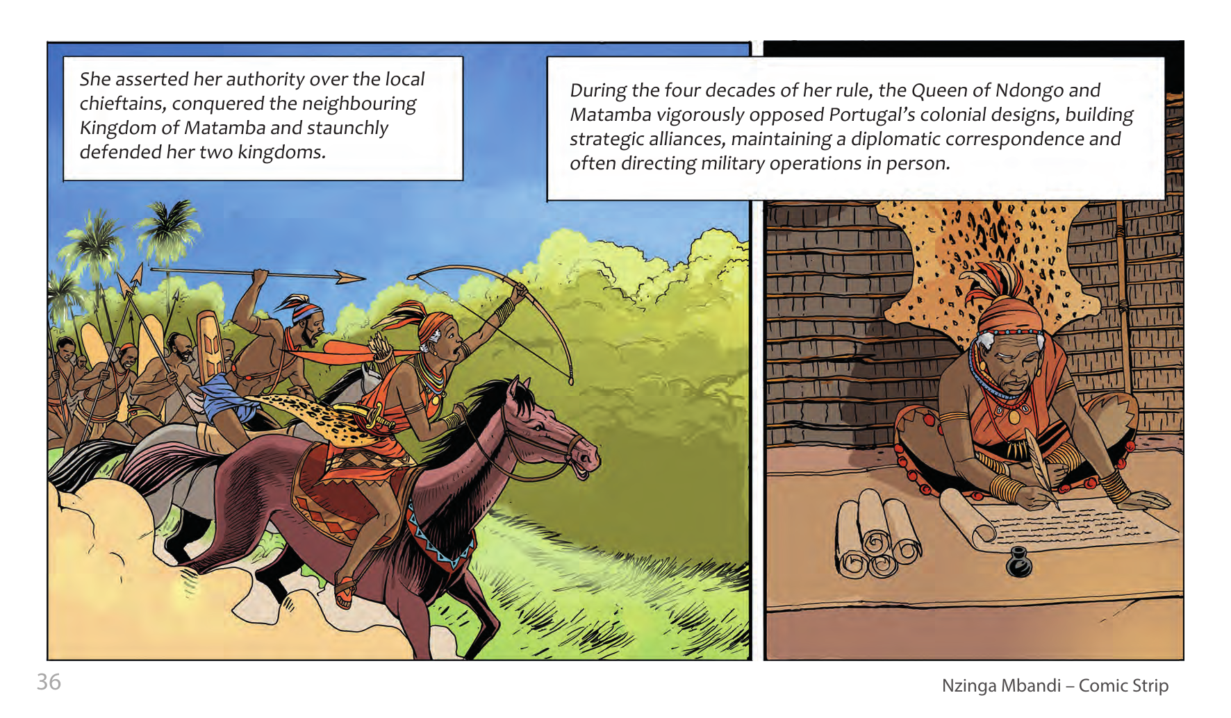 Nzinga Mbandi, Queen of Ndongo and Matamba (UNESCO Series on Women in African History, 2014), comic strip page 28. Pat Masioni (illustrations); Sylvia Serbin, Edouard Joubeaud (script). © UNESCO 2014, CC BY-SA 3.0 IGO.