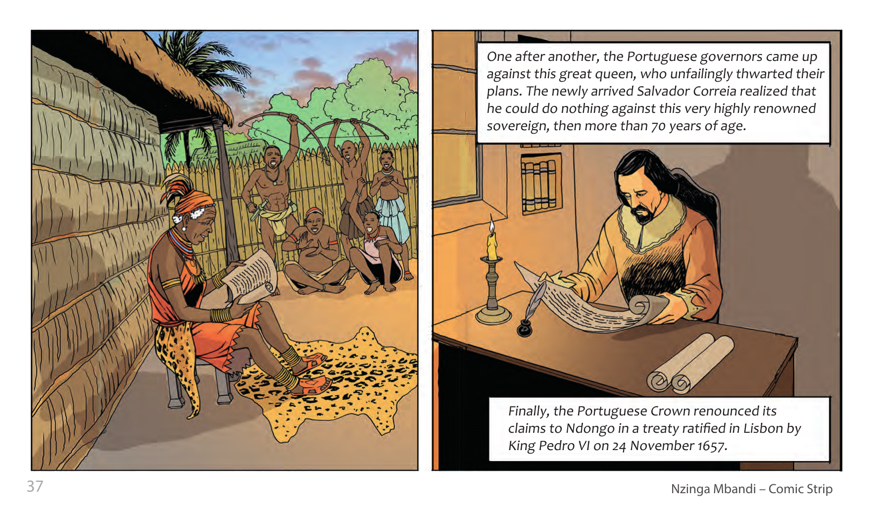 Nzinga Mbandi, Queen of Ndongo and Matamba (UNESCO Series on Women in African History, 2014), comic strip page 29. Pat Masioni (illustrations); Sylvia Serbin, Edouard Joubeaud (script). © UNESCO 2014, CC BY-SA 3.0 IGO.
