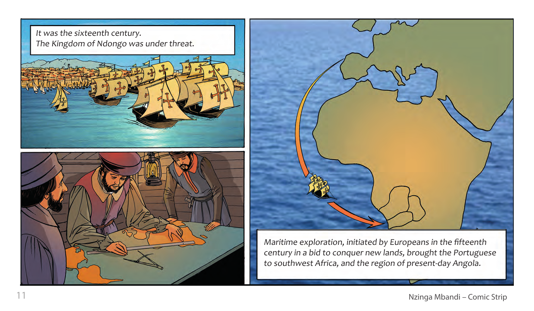 Nzinga Mbandi, Queen of Ndongo and Matamba (UNESCO Series on Women in African History, 2014), comic strip page 3. Pat Masioni (illustrations); Sylvia Serbin, Edouard Joubeaud (script). © UNESCO 2014, CC BY-SA 3.0 IGO.