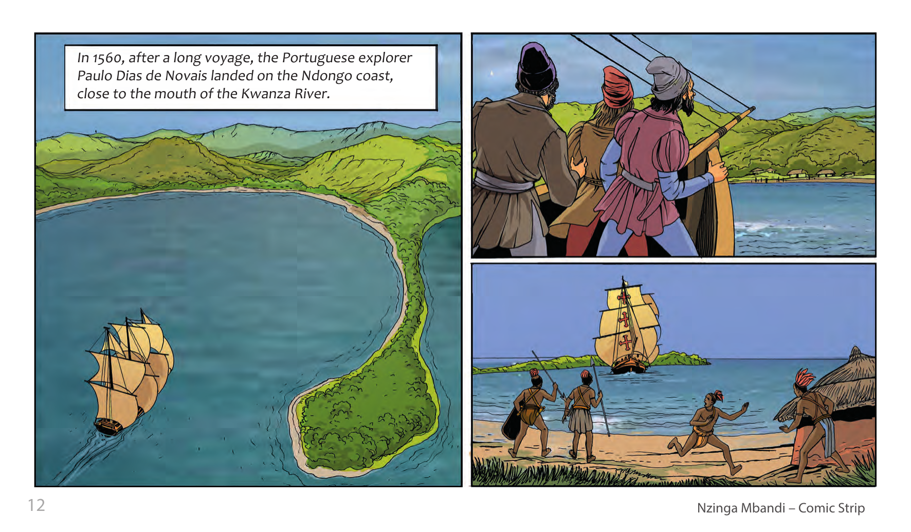Nzinga Mbandi, Queen of Ndongo and Matamba (UNESCO Series on Women in African History, 2014), comic strip page 4. Pat Masioni (illustrations); Sylvia Serbin, Edouard Joubeaud (script). © UNESCO 2014, CC BY-SA 3.0 IGO.