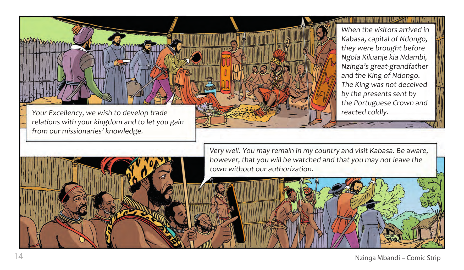 Nzinga Mbandi, Queen of Ndongo and Matamba (UNESCO Series on Women in African History, 2014), comic strip page 6. Pat Masioni (illustrations); Sylvia Serbin, Edouard Joubeaud (script). © UNESCO 2014, CC BY-SA 3.0 IGO.