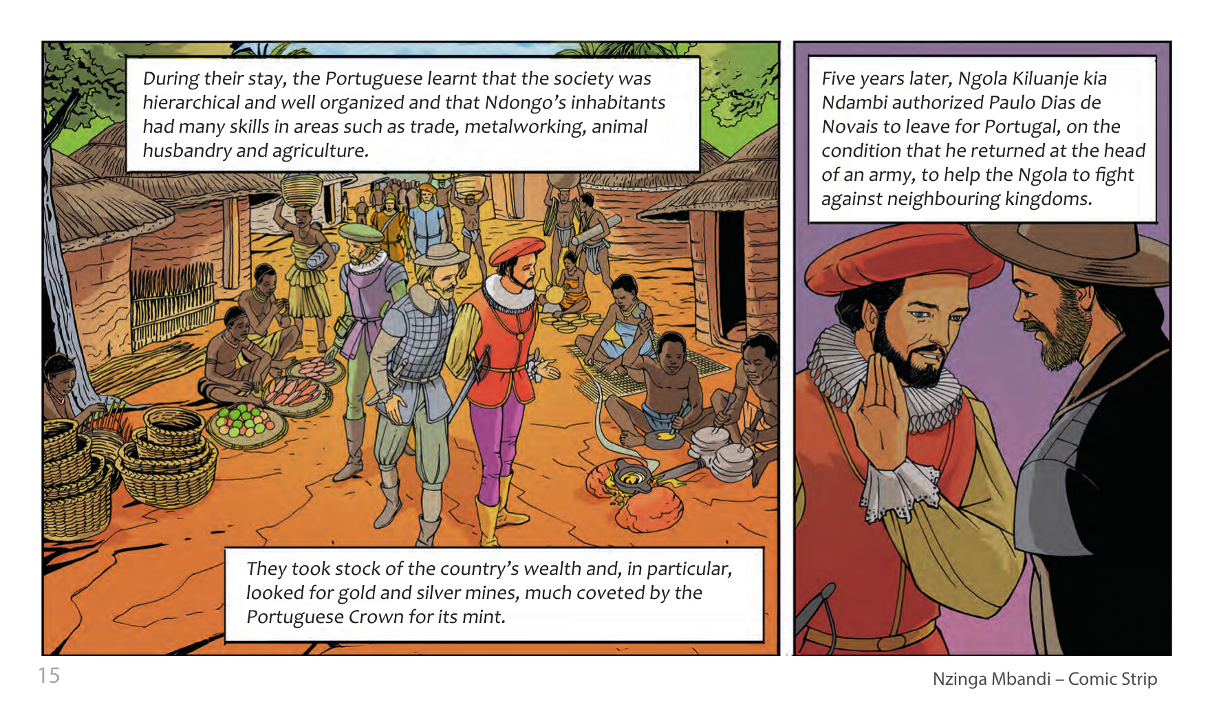 Nzinga Mbandi, Queen of Ndongo and Matamba (UNESCO Series on Women in African History, 2014), comic strip page 7. Pat Masioni (illustrations); Sylvia Serbin, Edouard Joubeaud (script). © UNESCO 2014, CC BY-SA 3.0 IGO.