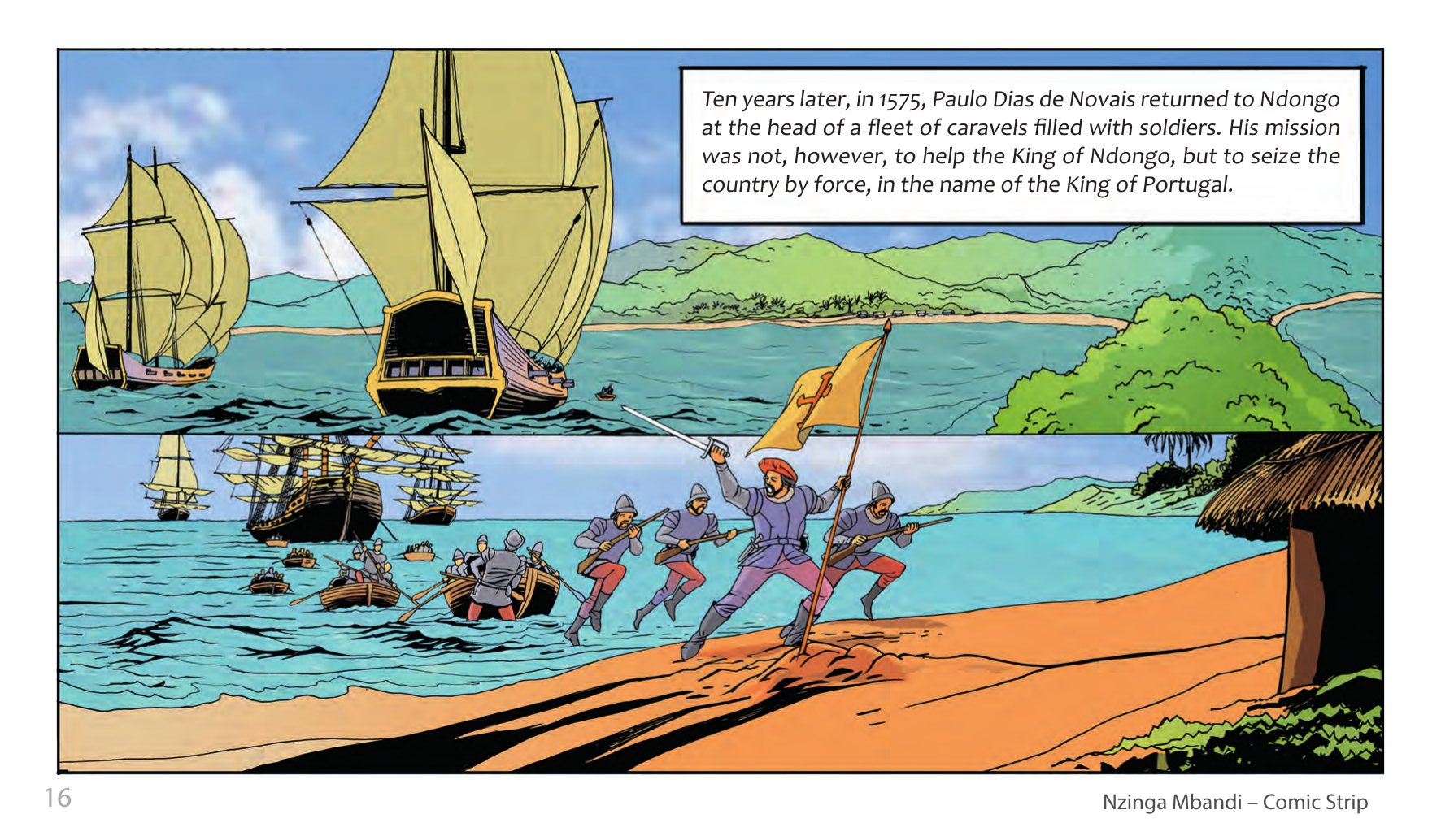 Nzinga Mbandi, Queen of Ndongo and Matamba (UNESCO Series on Women in African History, 2014), comic strip page 8. Pat Masioni (illustrations); Sylvia Serbin, Edouard Joubeaud (script). © UNESCO 2014, CC BY-SA 3.0 IGO.
