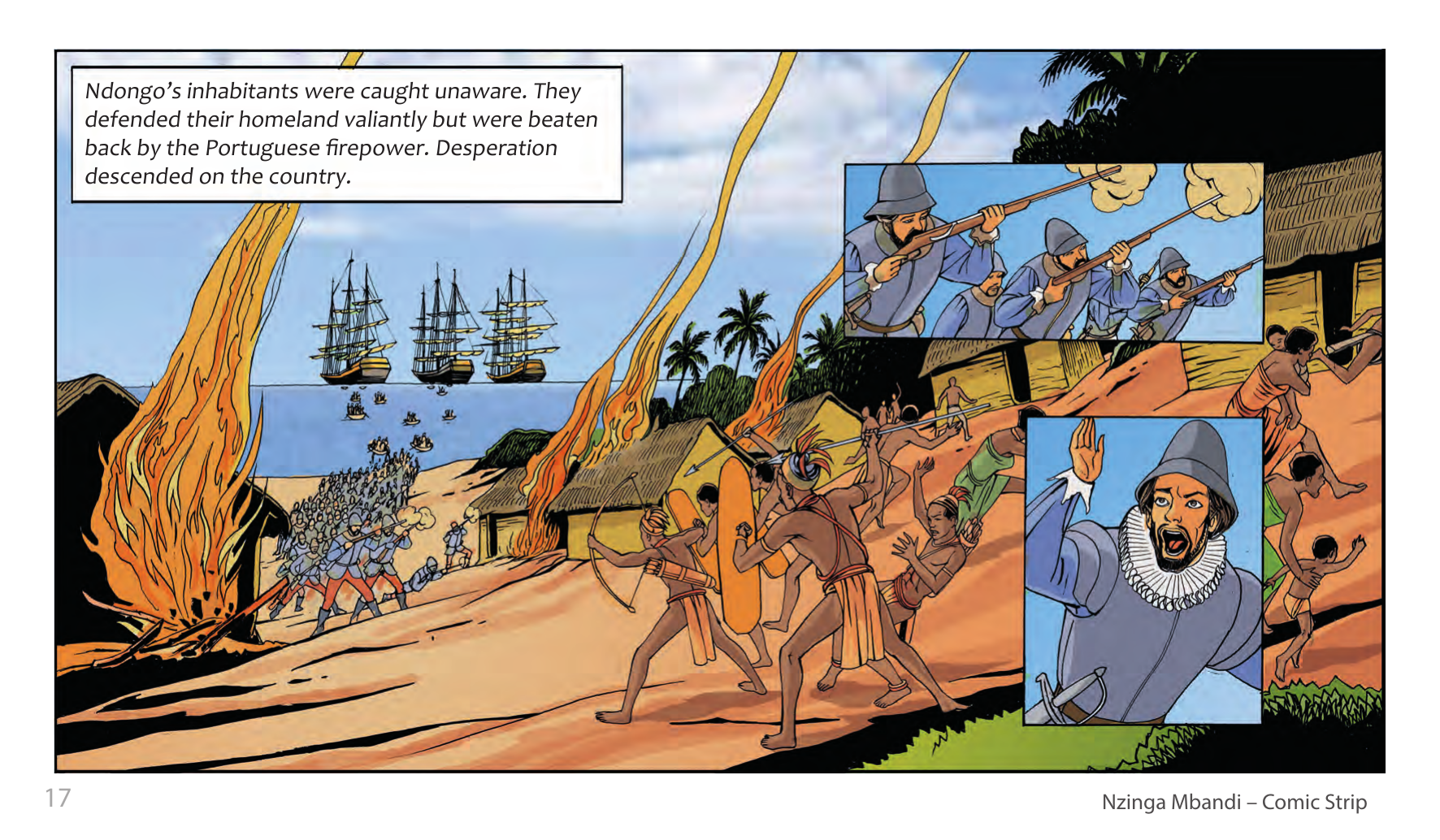 Nzinga Mbandi, Queen of Ndongo and Matamba (UNESCO Series on Women in African History, 2014), comic strip page 9. Pat Masioni (illustrations); Sylvia Serbin, Edouard Joubeaud (script). © UNESCO 2014, CC BY-SA 3.0 IGO.