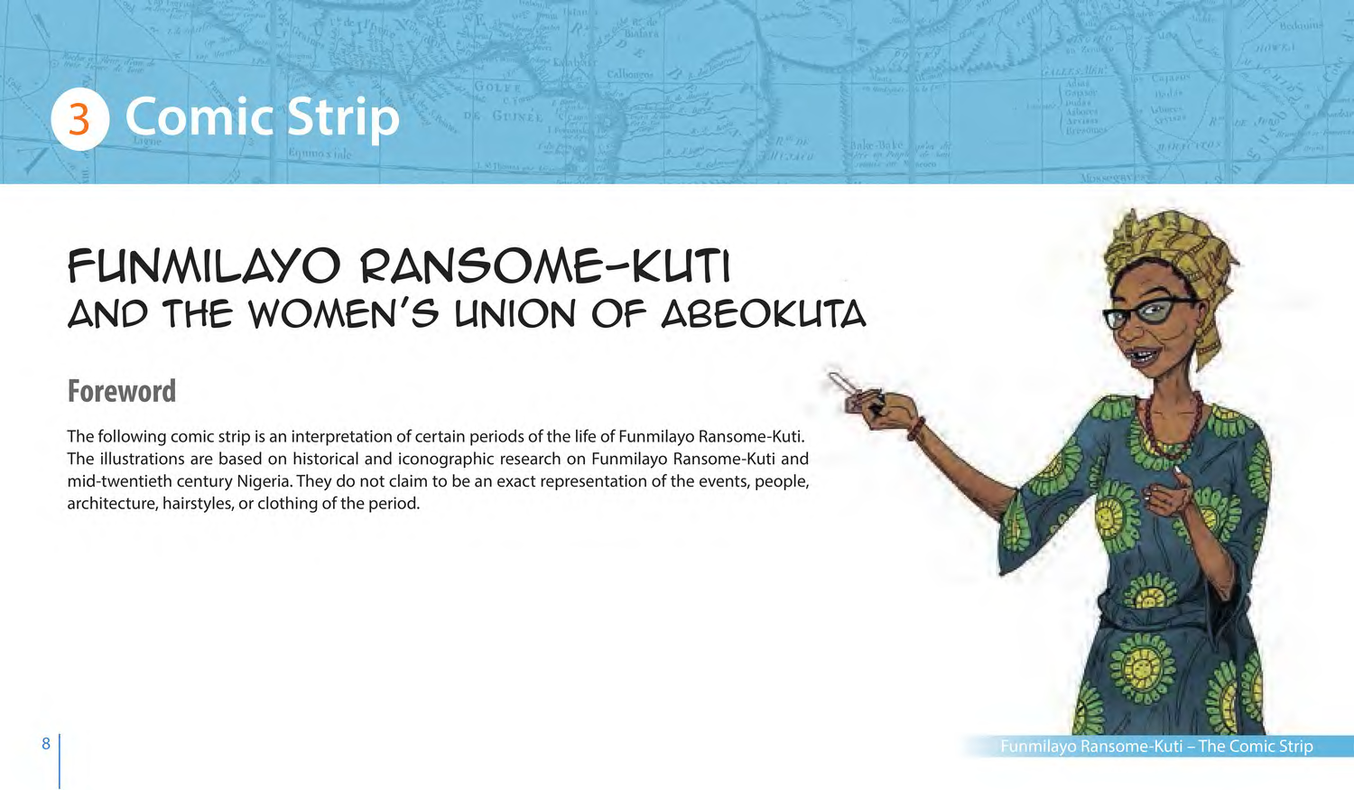 Funmilayo Ransome-Kuti and the Women’s Union of Abeokuta (UNESCO Series on Women in African History, 2014), comic strip page 1. Alaba Onajin (illustrations); Obioma Ofoego (script). © UNESCO 2014, CC BY-SA 3.0 IGO.
