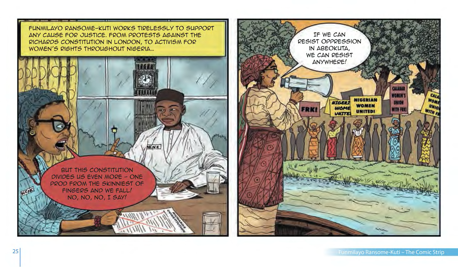 Funmilayo Ransome-Kuti and the Women’s Union of Abeokuta (UNESCO Series on Women in African History, 2014), comic strip page 18. Alaba Onajin (illustrations); Obioma Ofoego (script). © UNESCO 2014, CC BY-SA 3.0 IGO.