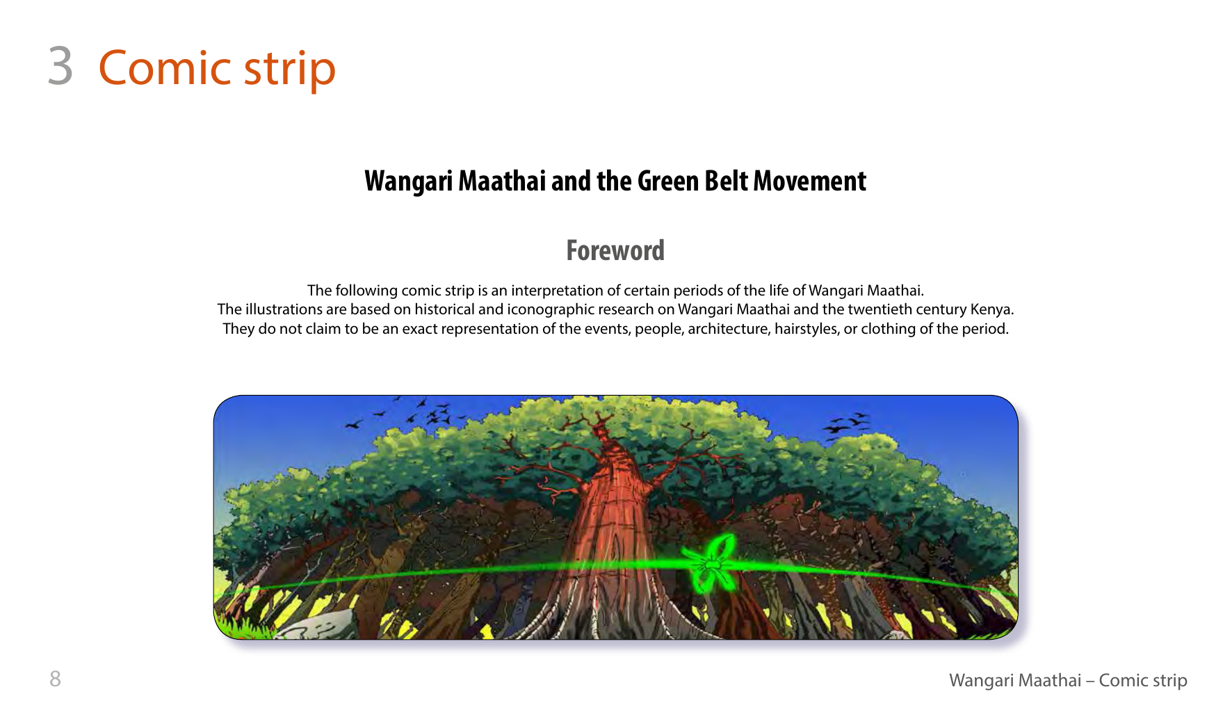 Wangari Maathai and the Green Belt Movement (UNESCO Series on Women in African History, 2014), comic strip page 1. Eric Muthoga (illustrations); Obioma Ofoego (script). © UNESCO 2014, CC BY-SA 3.0 IGO.