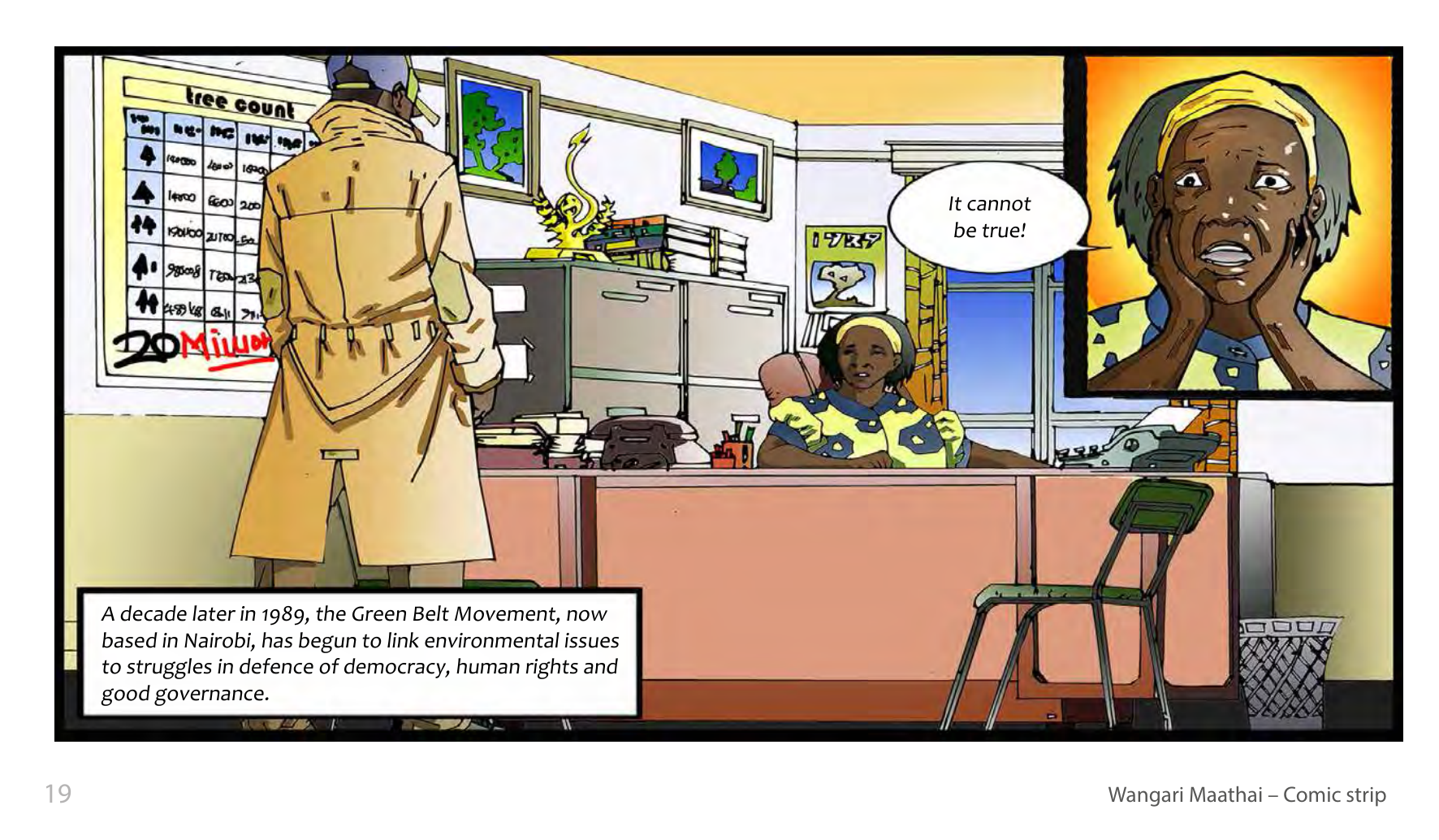 Wangari Maathai and the Green Belt Movement (UNESCO Series on Women in African History, 2014), comic strip page 12. Eric Muthoga (illustrations); Obioma Ofoego (script). © UNESCO 2014, CC BY-SA 3.0 IGO.