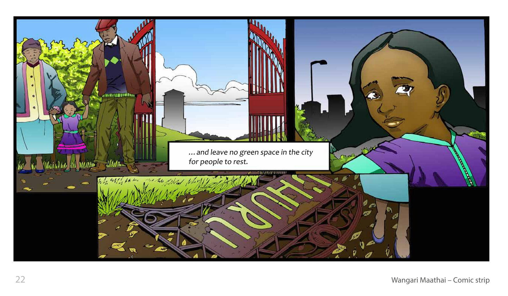 Wangari Maathai and the Green Belt Movement (UNESCO Series on Women in African History, 2014), comic strip page 15. Eric Muthoga (illustrations); Obioma Ofoego (script). © UNESCO 2014, CC BY-SA 3.0 IGO.