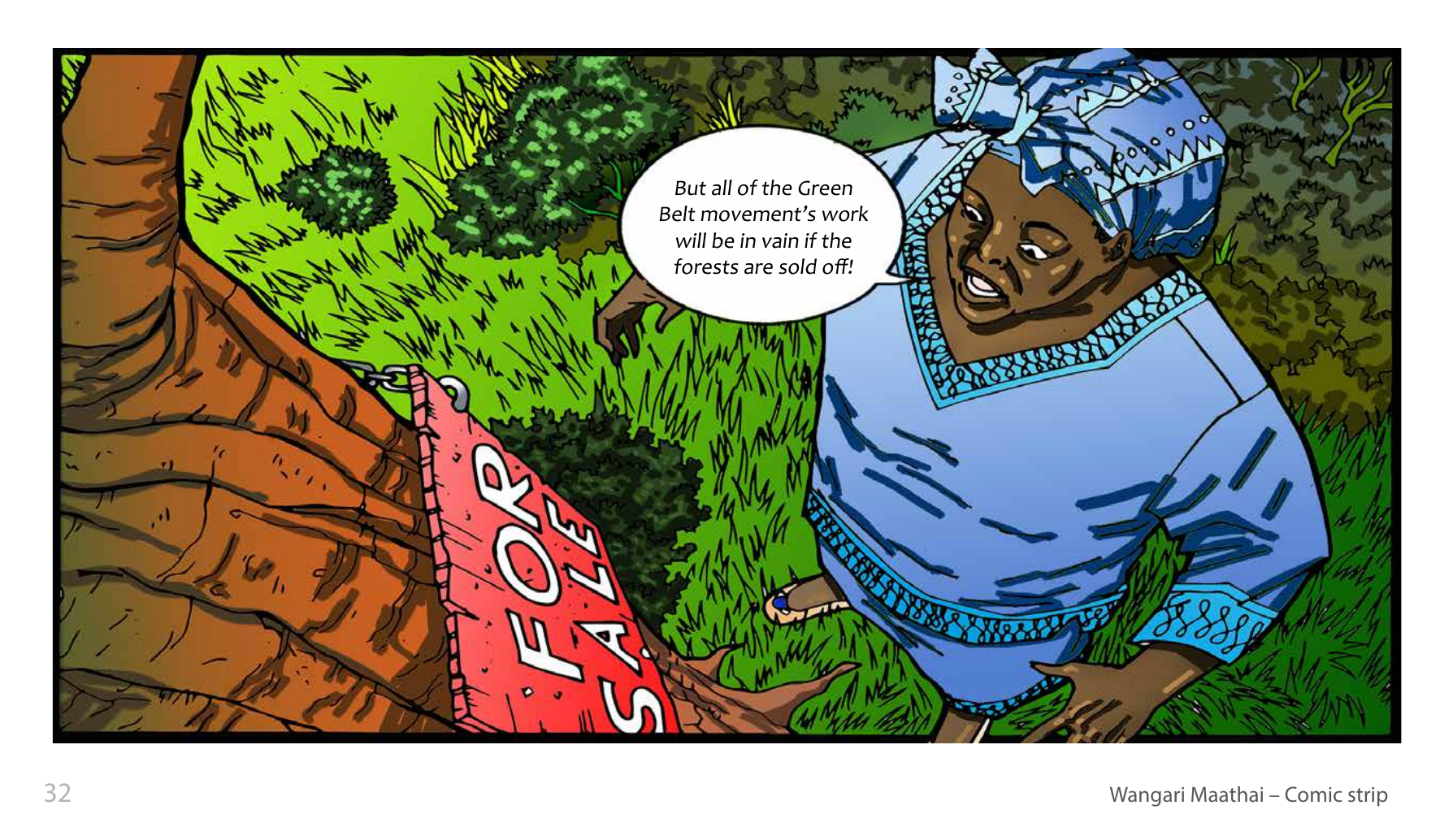 Wangari Maathai and the Green Belt Movement (UNESCO Series on Women in African History, 2014), comic strip page 25. Eric Muthoga (illustrations); Obioma Ofoego (script). © UNESCO 2014, CC BY-SA 3.0 IGO.