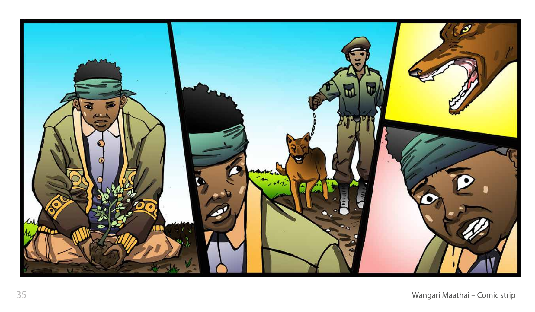 Wangari Maathai and the Green Belt Movement (UNESCO Series on Women in African History, 2014), comic strip page 28. Eric Muthoga (illustrations); Obioma Ofoego (script). © UNESCO 2014, CC BY-SA 3.0 IGO.