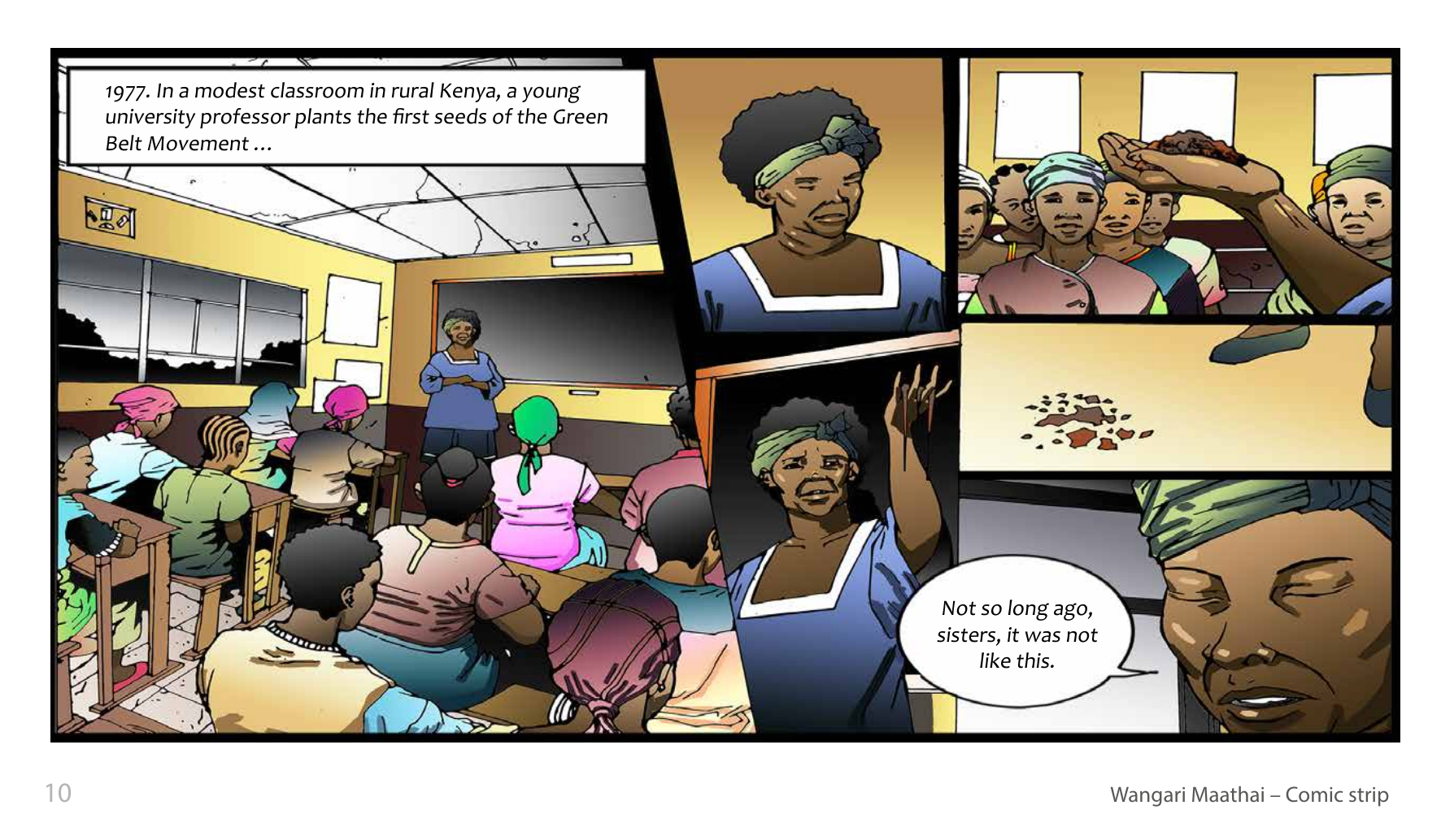 Wangari Maathai and the Green Belt Movement (UNESCO Series on Women in African History, 2014), comic strip page 3. Eric Muthoga (illustrations); Obioma Ofoego (script). © UNESCO 2014, CC BY-SA 3.0 IGO.