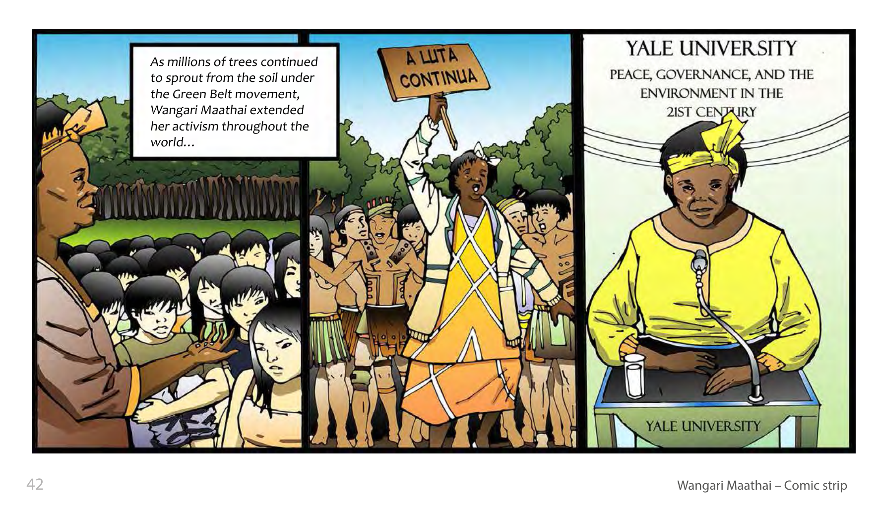 Wangari Maathai and the Green Belt Movement (UNESCO Series on Women in African History, 2014), comic strip page 35. Eric Muthoga (illustrations); Obioma Ofoego (script). © UNESCO 2014, CC BY-SA 3.0 IGO.