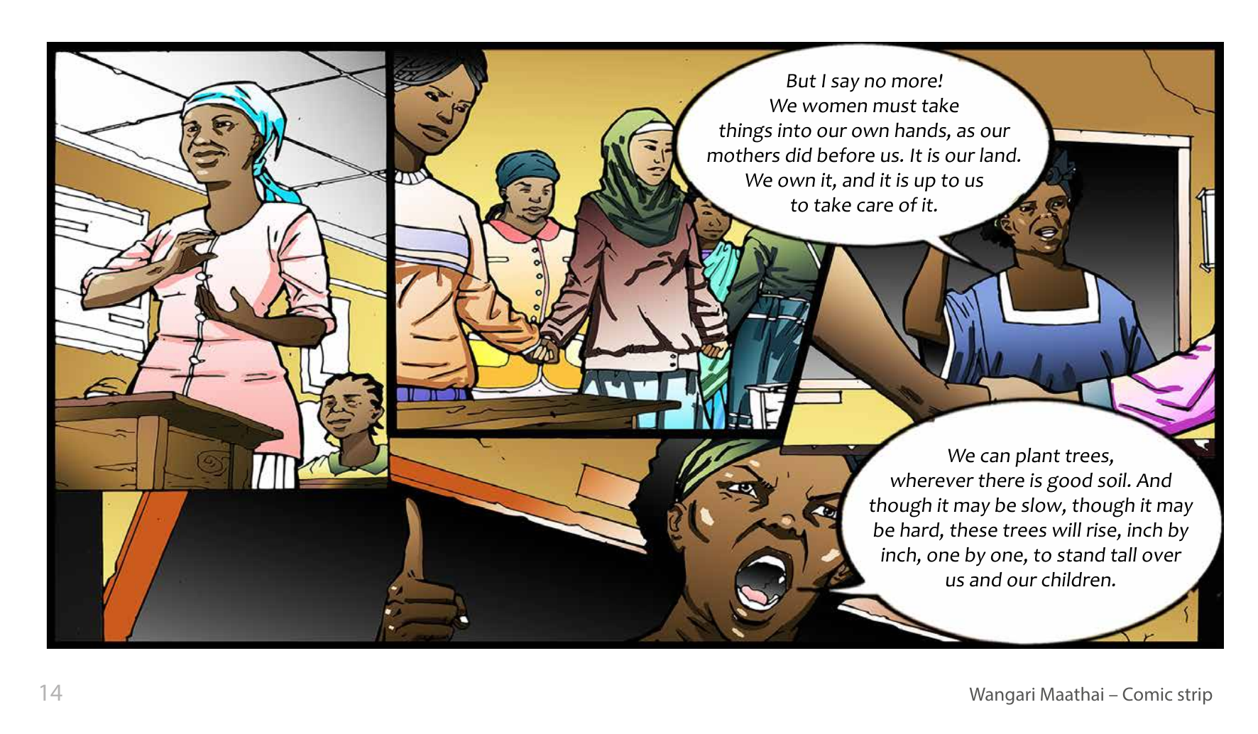 Wangari Maathai and the Green Belt Movement (UNESCO Series on Women in African History, 2014), comic strip page 7. Eric Muthoga (illustrations); Obioma Ofoego (script). © UNESCO 2014, CC BY-SA 3.0 IGO.