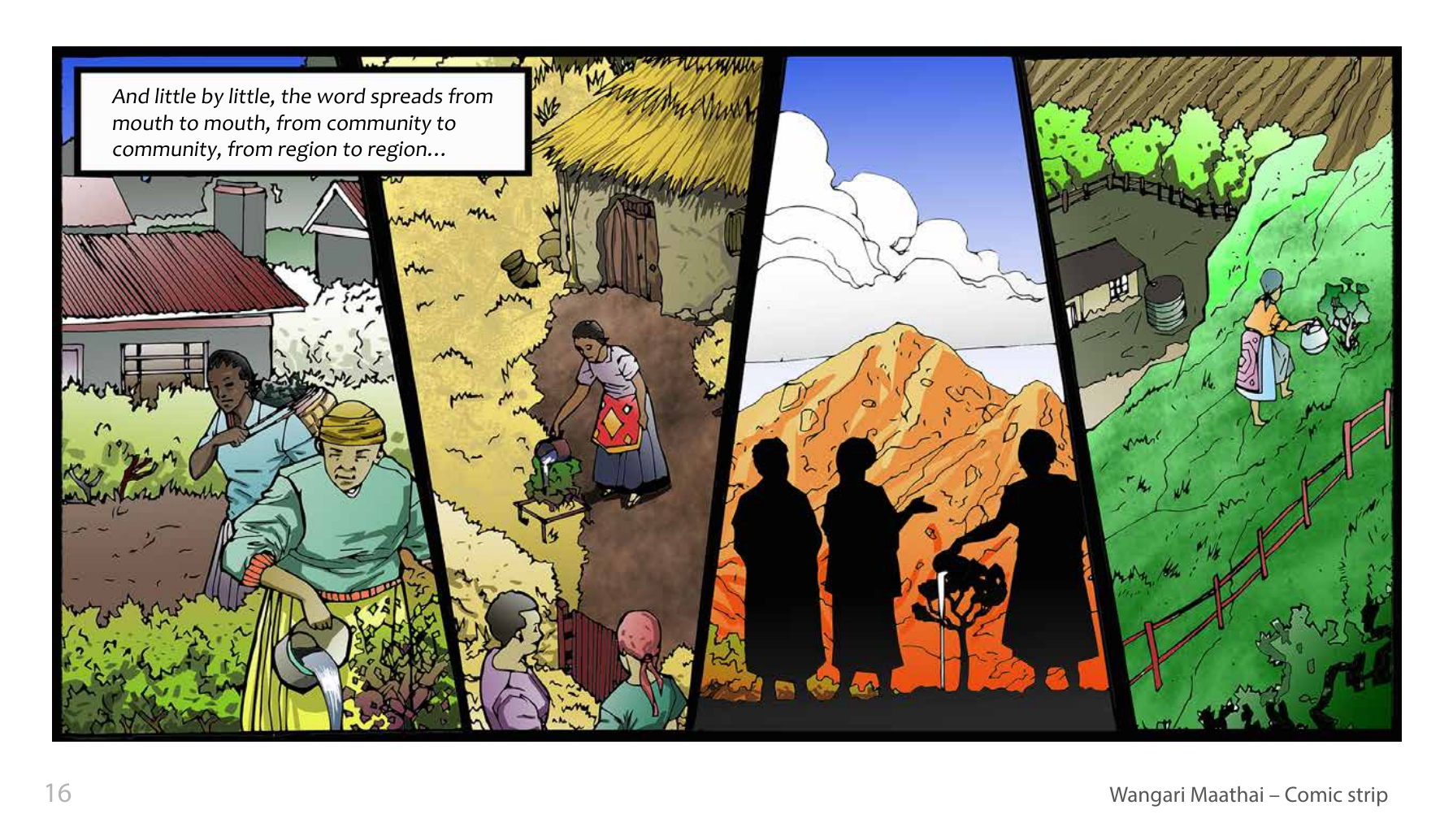 Wangari Maathai and the Green Belt Movement (UNESCO Series on Women in African History, 2014), comic strip page 9. Eric Muthoga (illustrations); Obioma Ofoego (script). © UNESCO 2014, CC BY-SA 3.0 IGO.