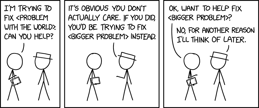 Your point that the world contains multiple problems is a real slam-dunk argument against fixing any of them.