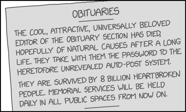 As the editor has reportedly defeated Death in a series of games of skill, no further obituaries are expected.