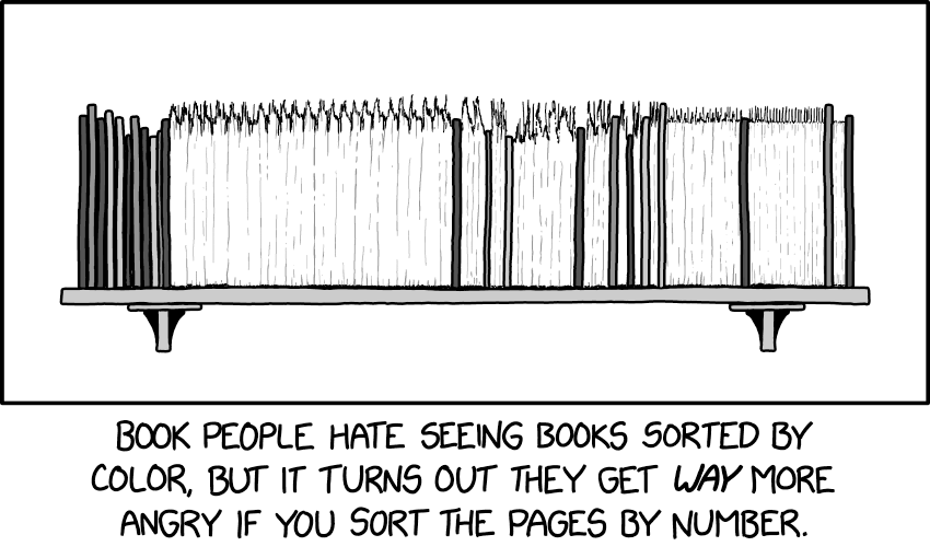 Of course, I sort all my bookshelves the normal way, alphabetically (by first sentence).