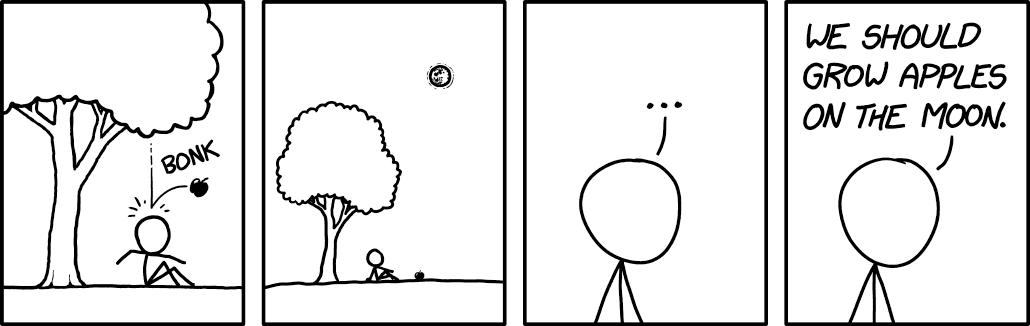 An apple fell on Isaac Newton's head and gave him the idea that the moon might be a tasty apple, though this turned out not to be true--the Apollo program eventually determined that it was just a desolate and bland Red Delicious.