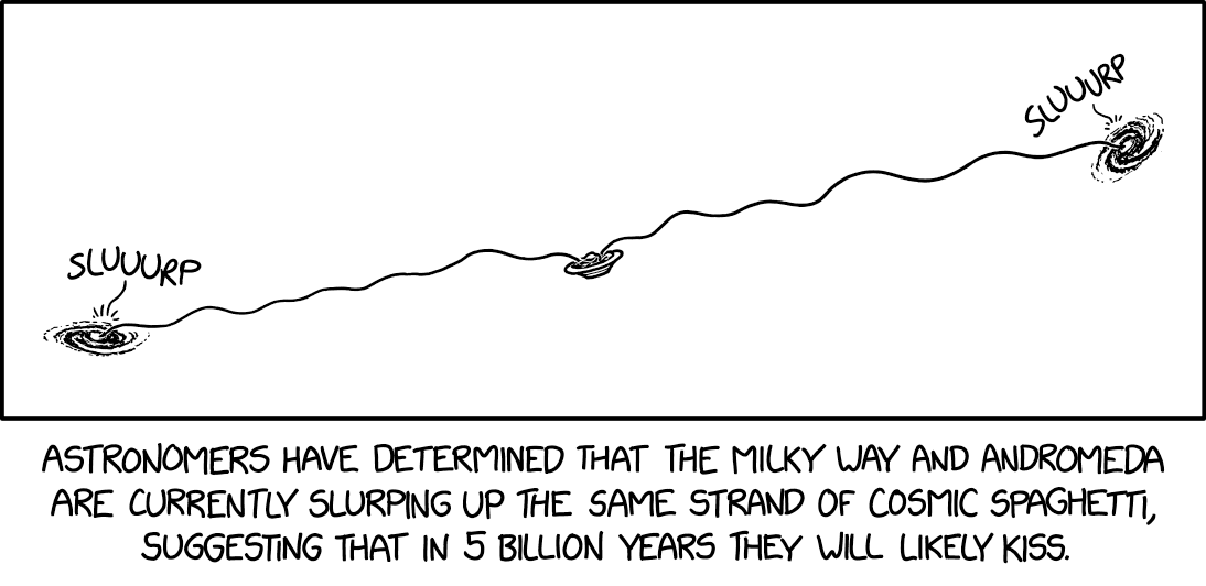 Cosmologists estimate the spaghetti strand to be about 200 septillion calories, though it could be higher depending on the nutritional value of dark matter.