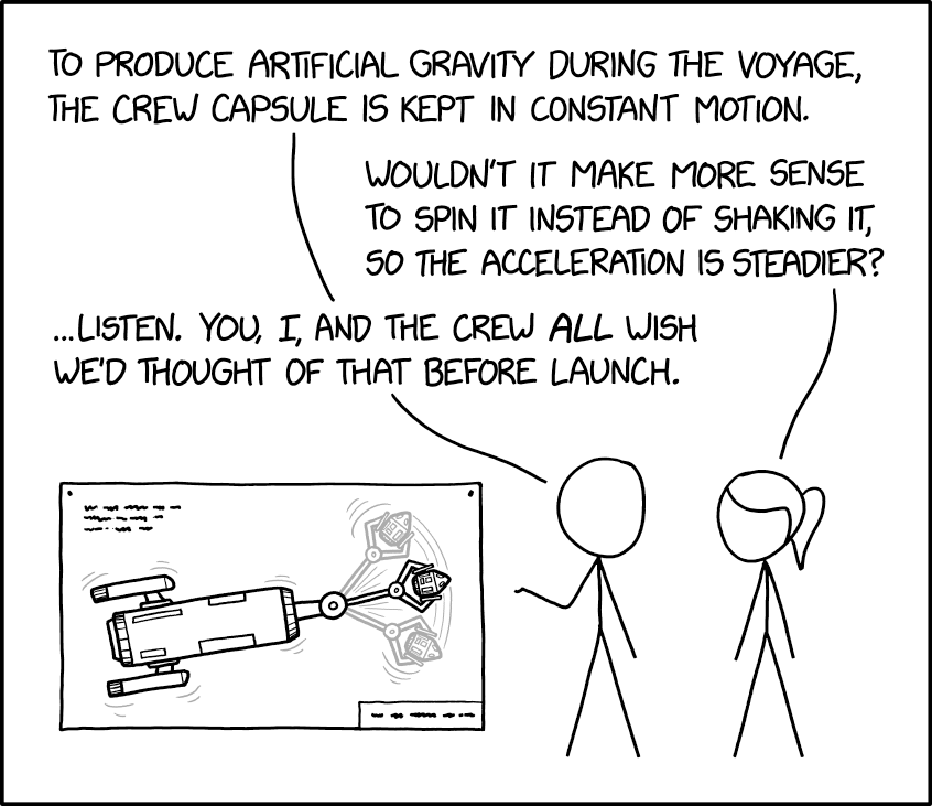 Low gravity can cause bone loss, so we're pleased to report that, since we initiated capsule motion, the number of bones in each crew member has been steadily increasing.