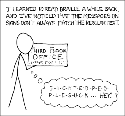 The only big difference I've seen is in colors.  Where the regular text reads 'press red button', the braille reads 'press two-inch button'.
