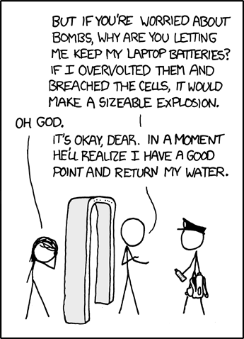 A laptop battery contains roughly the stored energy of a hand grenade, and if shorted it ... hey! You can't arrest me if I prove your rules inconsistent!